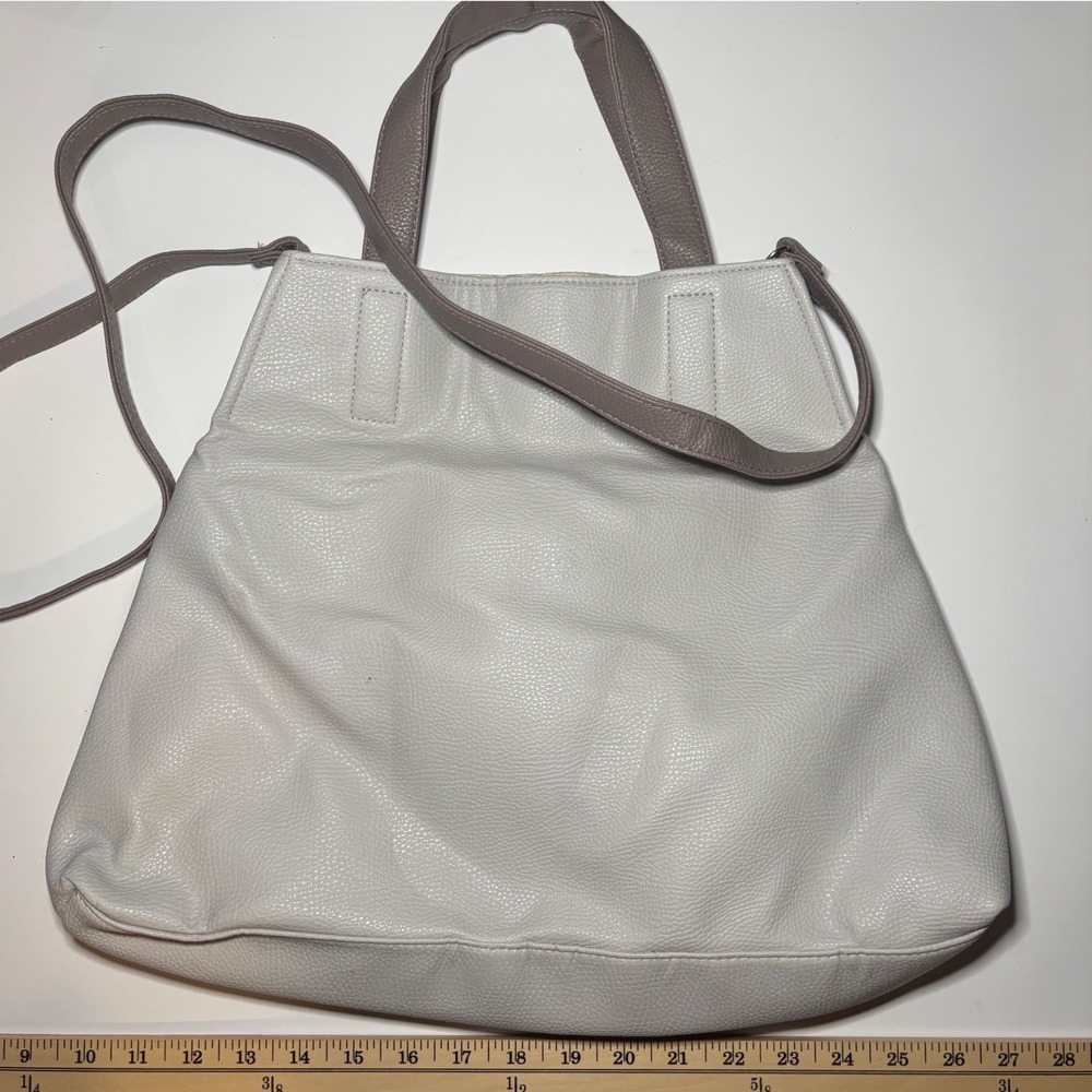 Ultra Chi White Taupe Pebbled Faux Leather Tote Shoulder Bag Large Pocket
